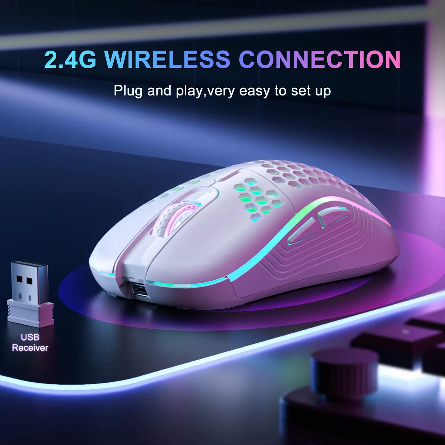 2.4G Wireless RGB Gaming Mouse – 6-Button, 3-Level DPI, Type-C Rechargeable, Ergonomic Honeycomb Design