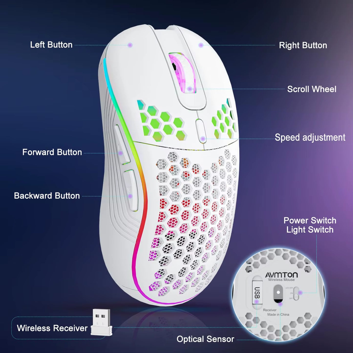 2.4G Wireless RGB Gaming Mouse – 6-Button, 3-Level DPI, Type-C Rechargeable, Ergonomic Honeycomb Design